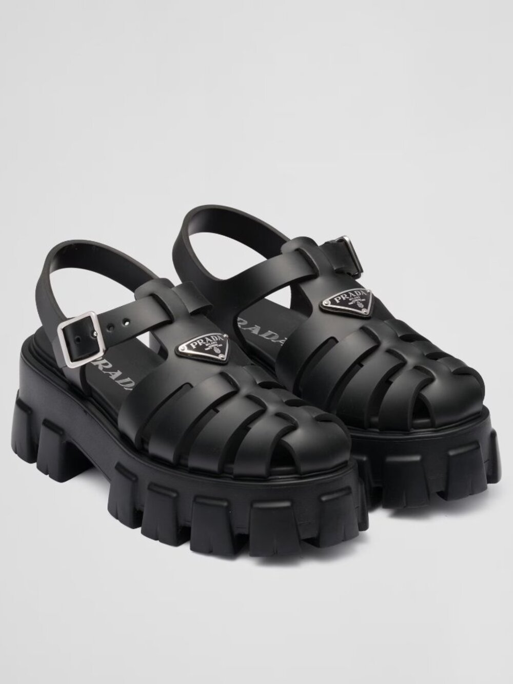 PRADA Triangle Logo Rubber Monolith Crisscross Platform Sandals Shoes